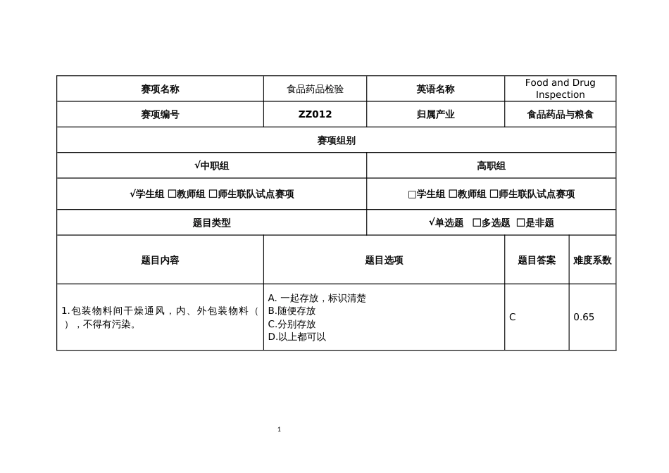 全国职业大赛（中职）ZZ012食品药品检验赛项赛题第8套_第1页