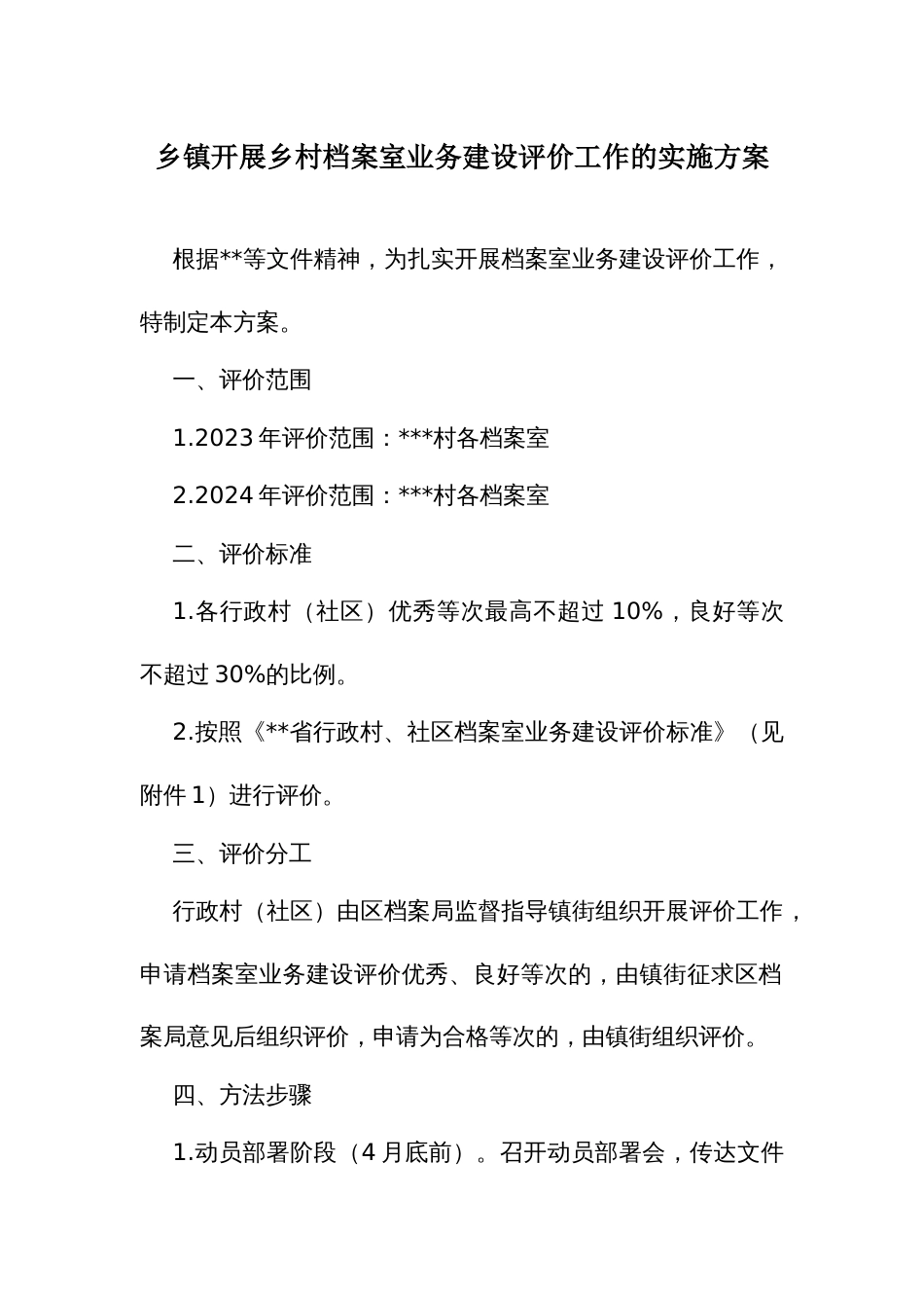 乡镇开展乡村档案室业务建设评价工作的实施方案_第1页