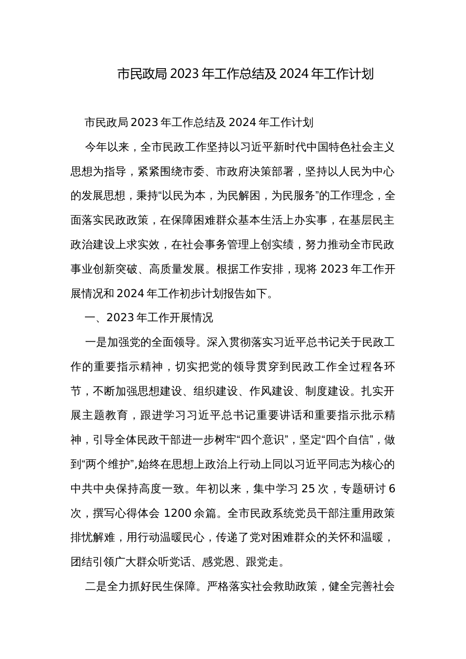 市民政局2023年工作总结及2024年工作计划_第1页