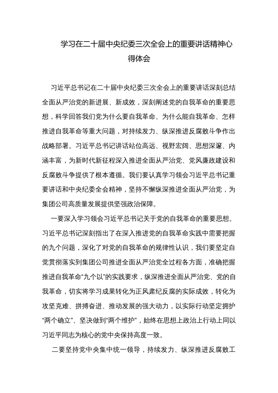 学习在二十届中央纪委三次全会上的重要讲话精神心得体会_第1页