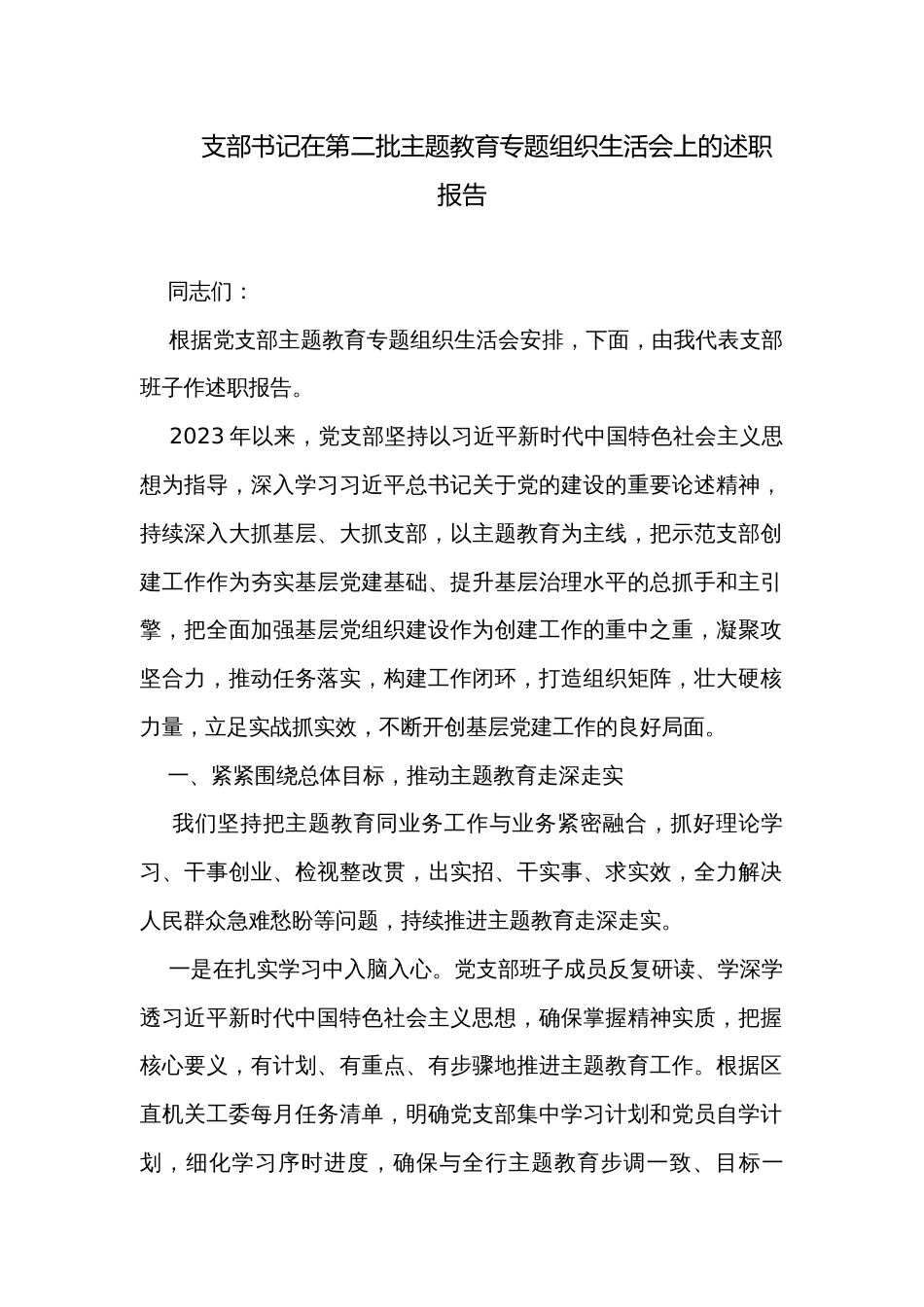 支部书记在第二批主题教育专题组织生活会上的述职报告_第1页