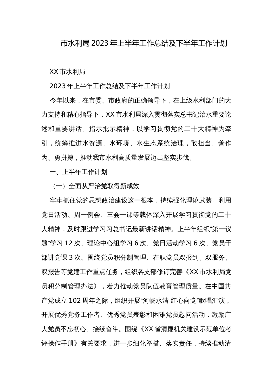 市水利局2023年上半年工作总结及下半年工作计划_第1页