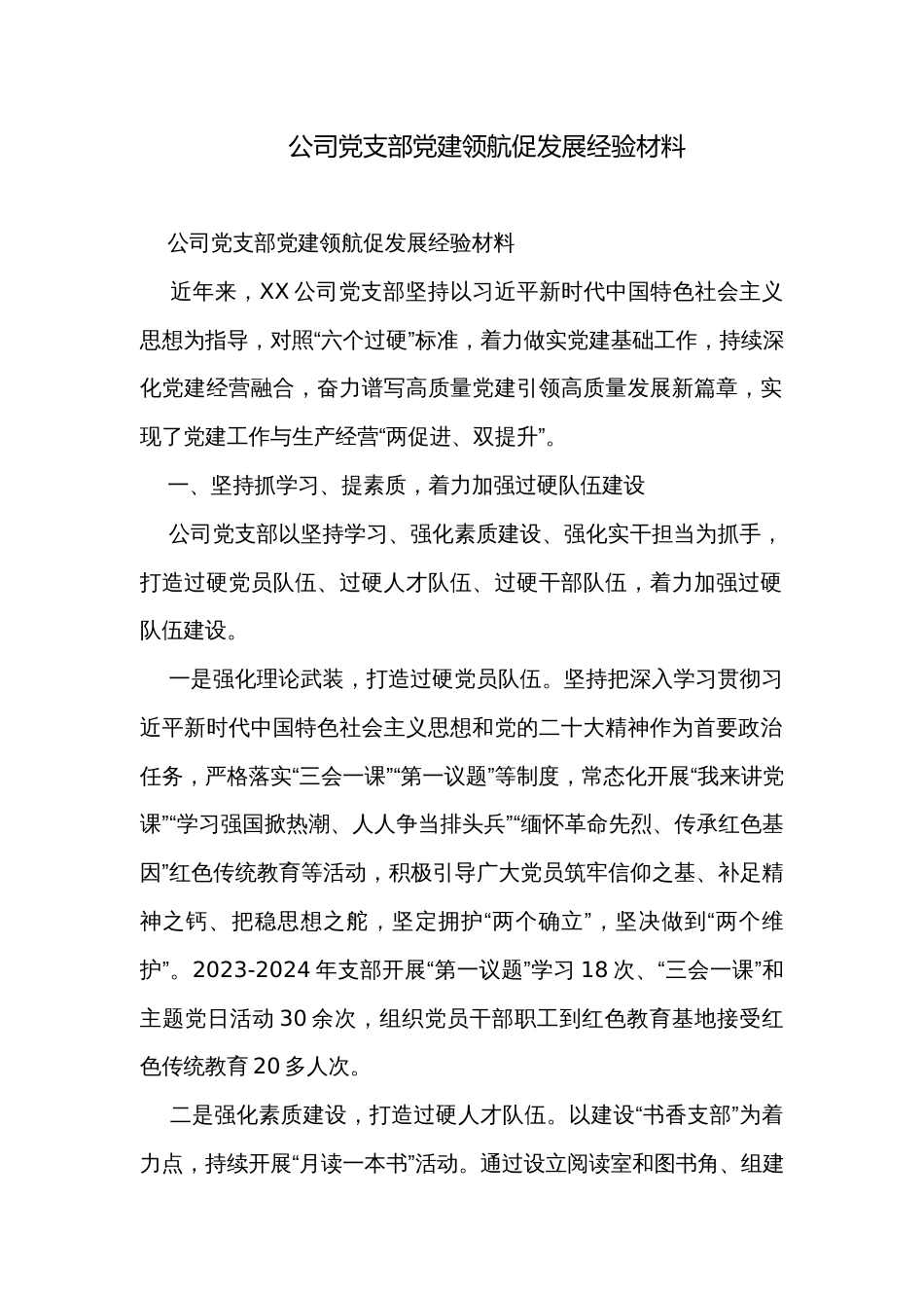 公司党支部党建领航促发展经验材料_第1页