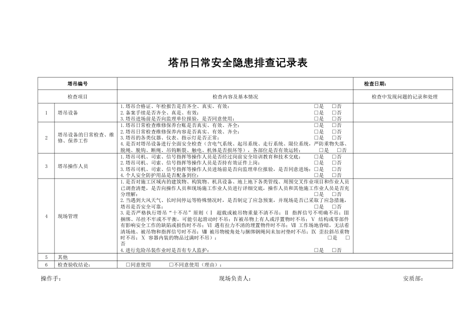 塔吊日常安全隐患排查记录表_第1页