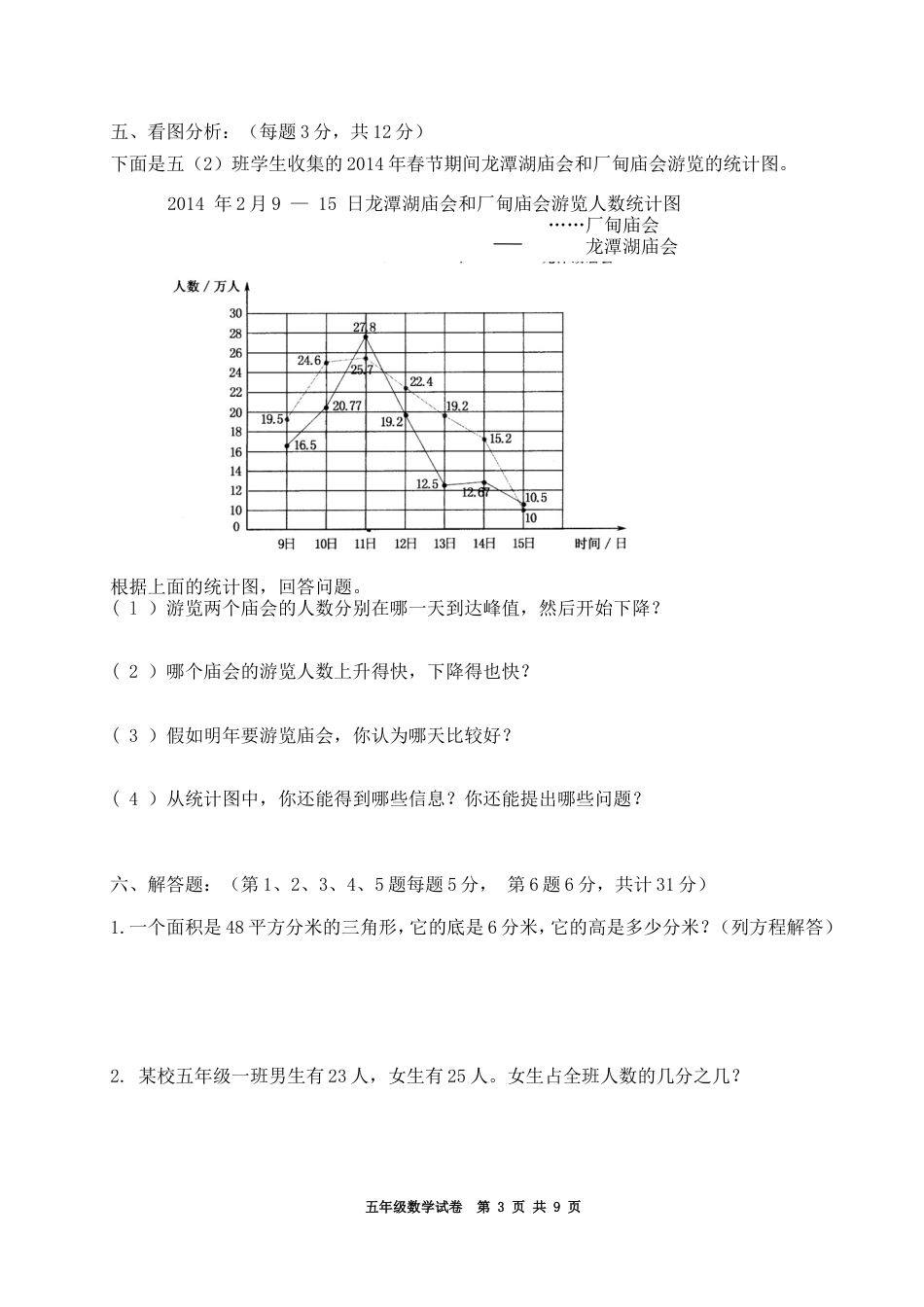 苏教版五年级数学下册期中试卷有答案_第3页