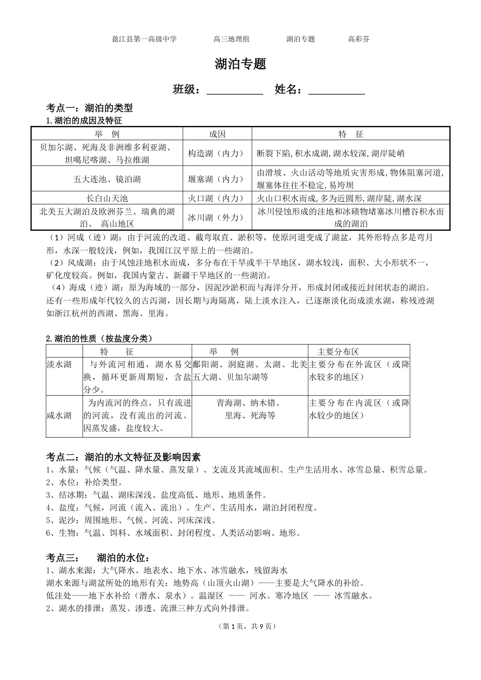 二轮复习专题——湖泊学生2019_第1页