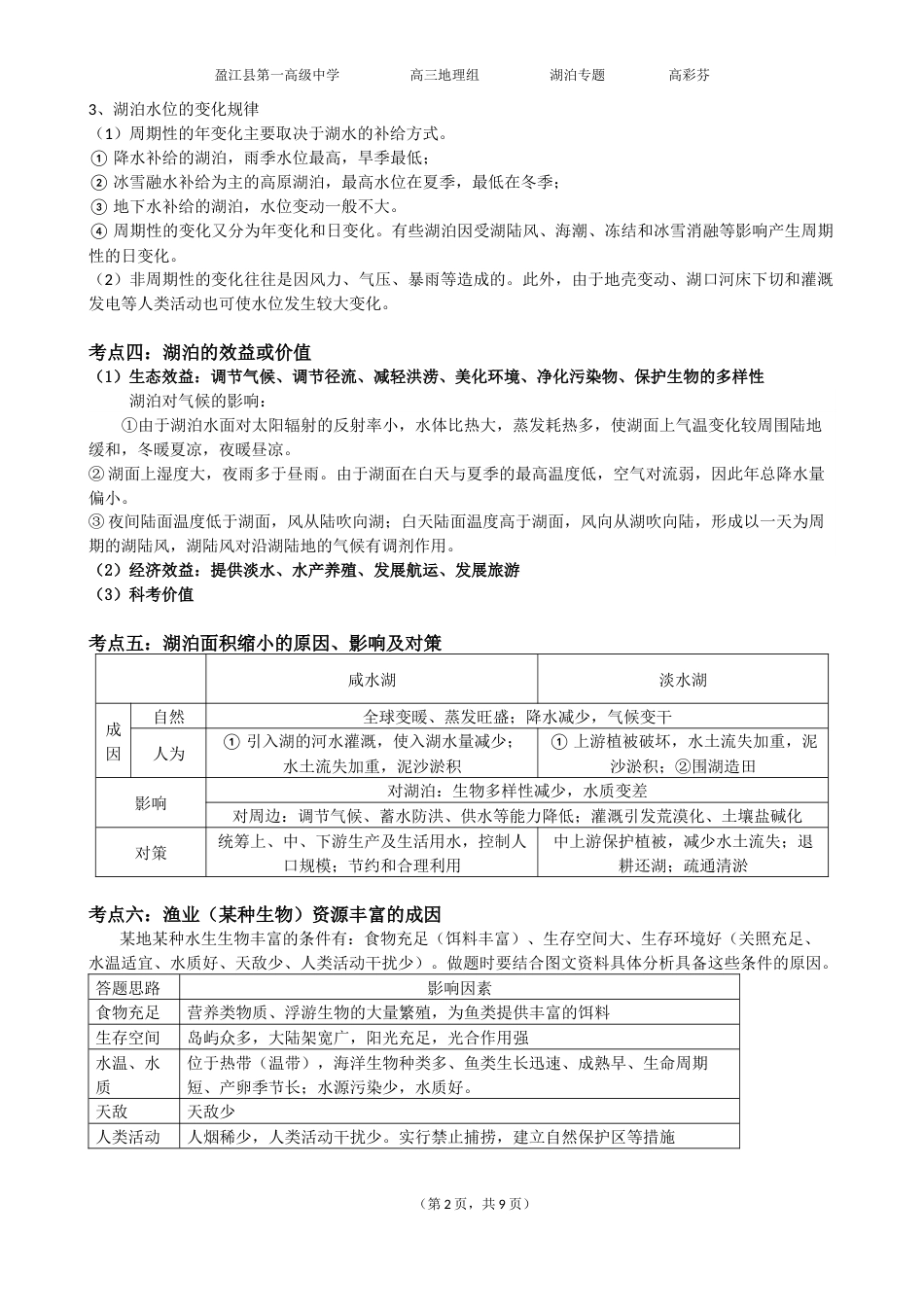 二轮复习专题——湖泊学生2019_第2页
