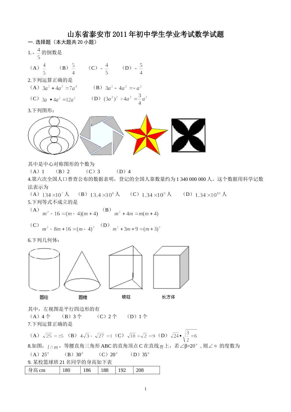 2011山东泰安中考数学试题[6页]_第1页