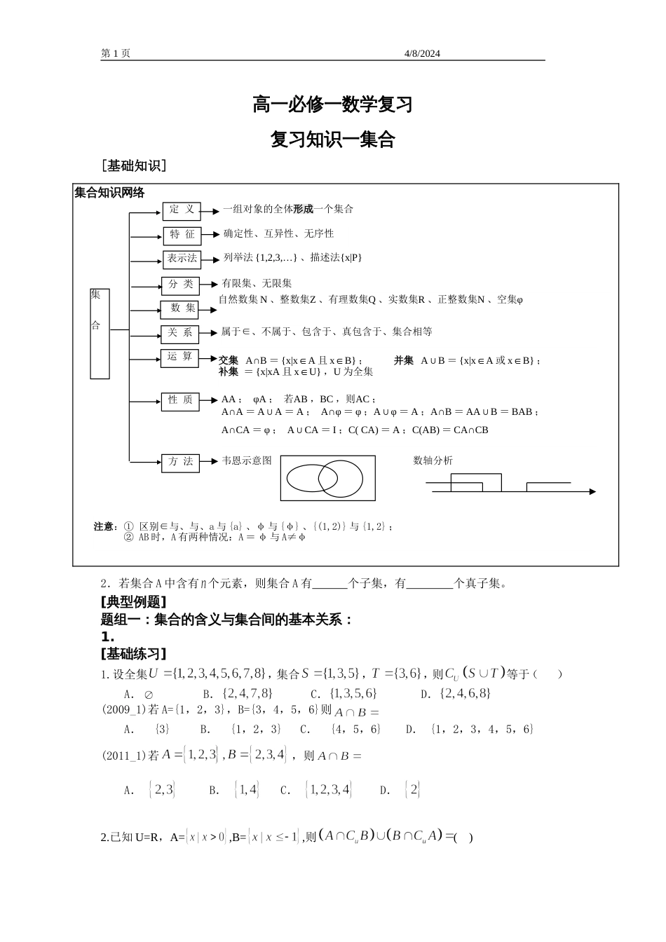 2019高一数学期末复习必修一_第1页