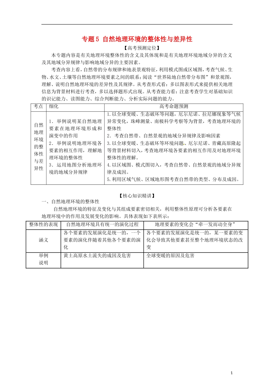 3年高考2年模拟1年备战2012高考地理 精品系列 专题5 自然地理环境的整体性与差异性教师版_第1页