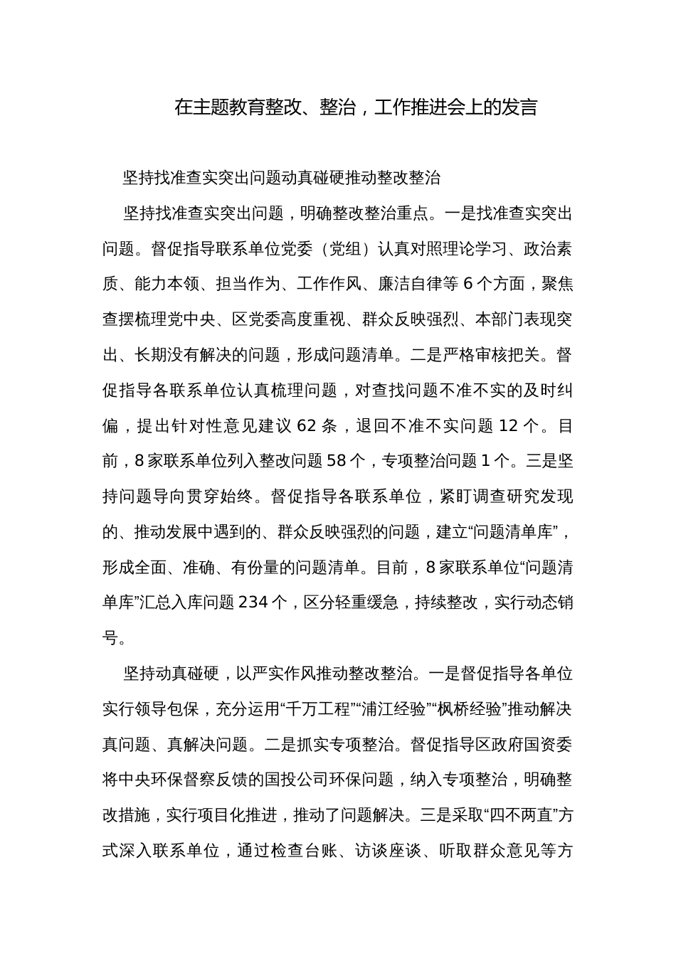 在主题教育整改、整治，工作推进会上的发言_第1页