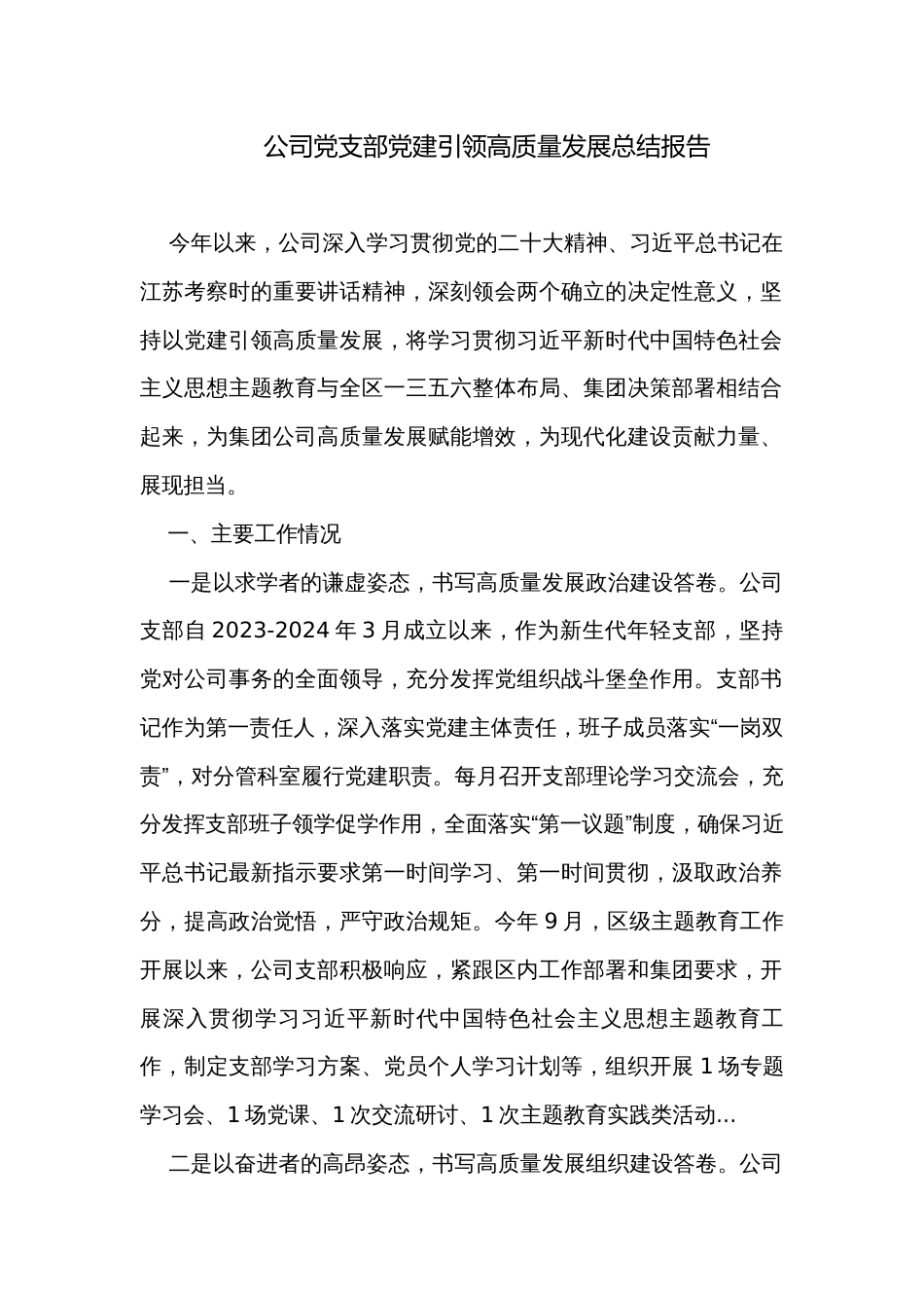 公司党支部党建引领高质量发展总结报告_第1页