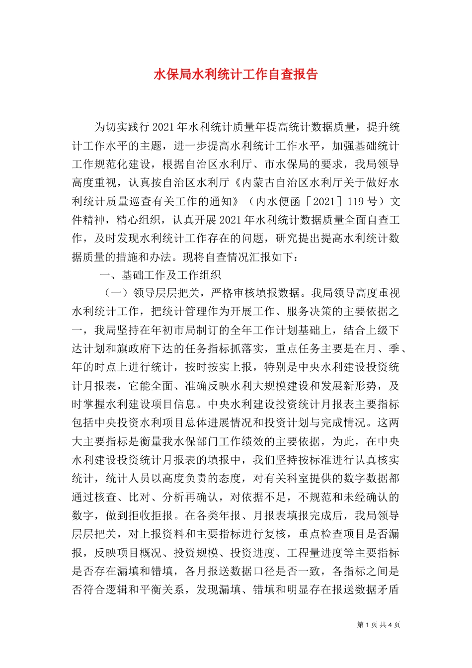 水保局水利统计工作自查报告（一）_第1页