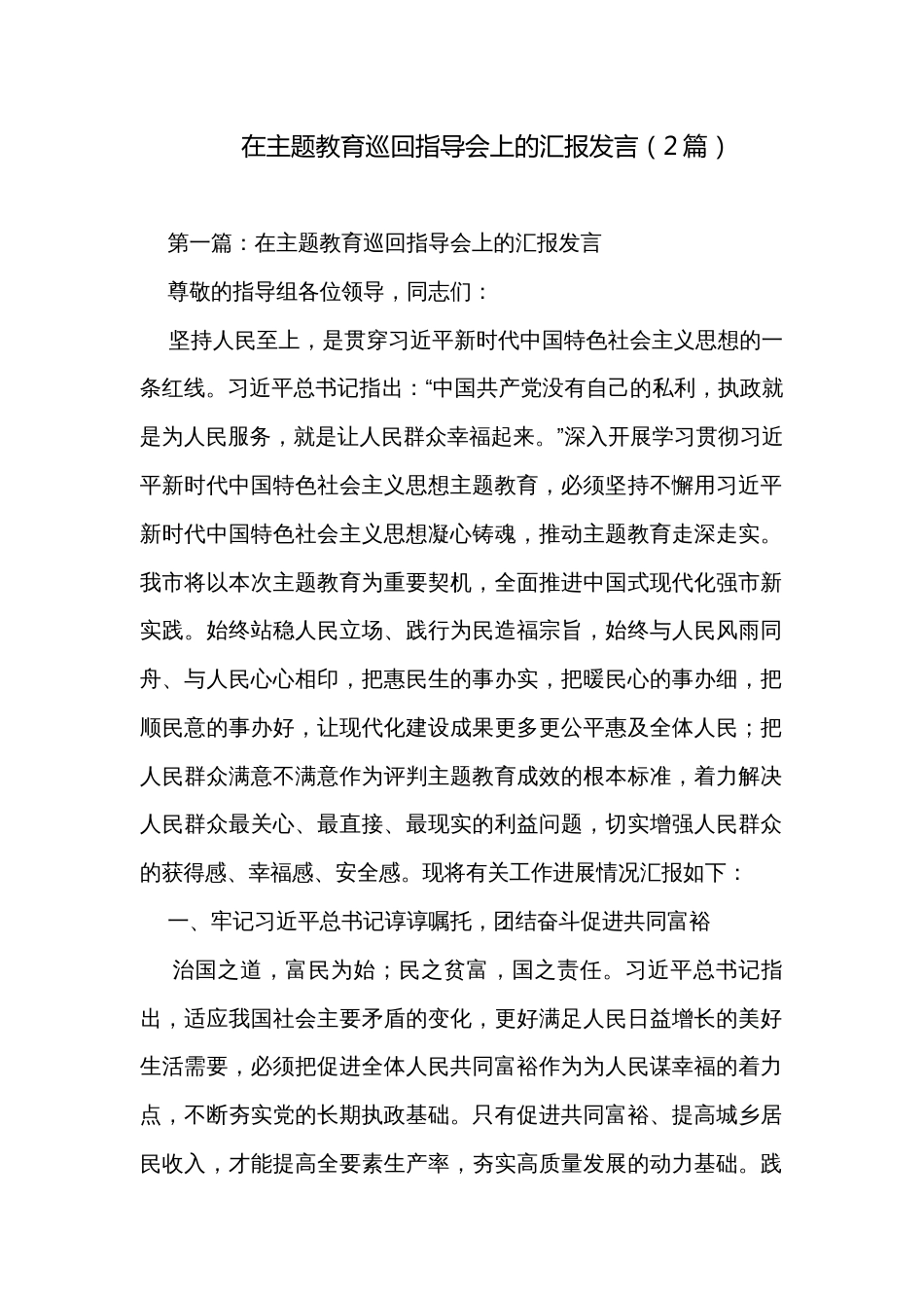 在主题教育巡回指导会上的汇报发言（2篇）_第1页