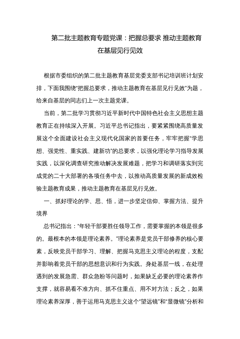 第二批主题教育专题党课：把握总要求 推动主题教育在基层见行见效_第1页