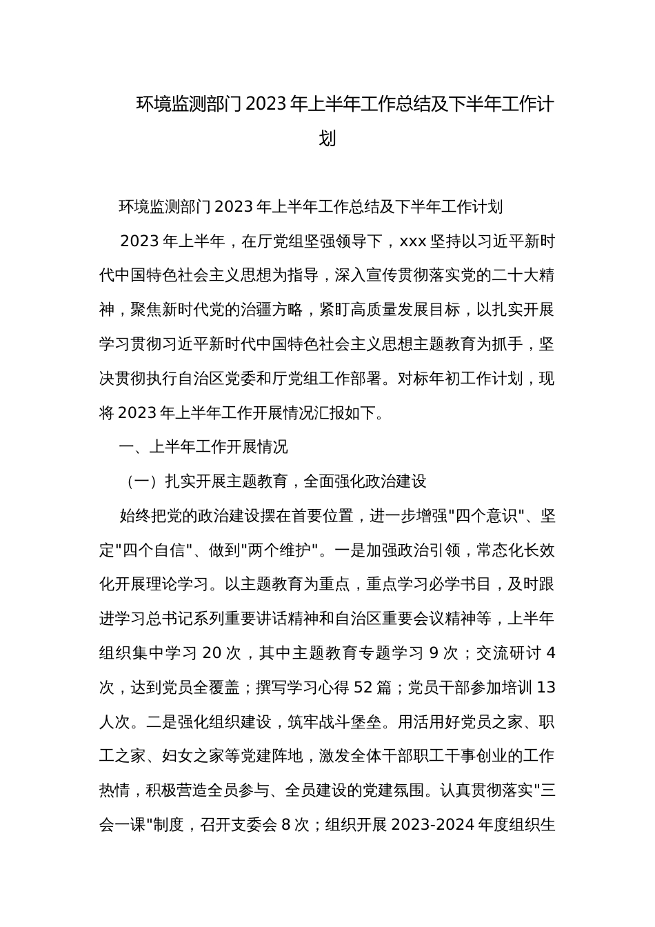 环境监测部门2023年上半年工作总结及下半年工作计划_第1页