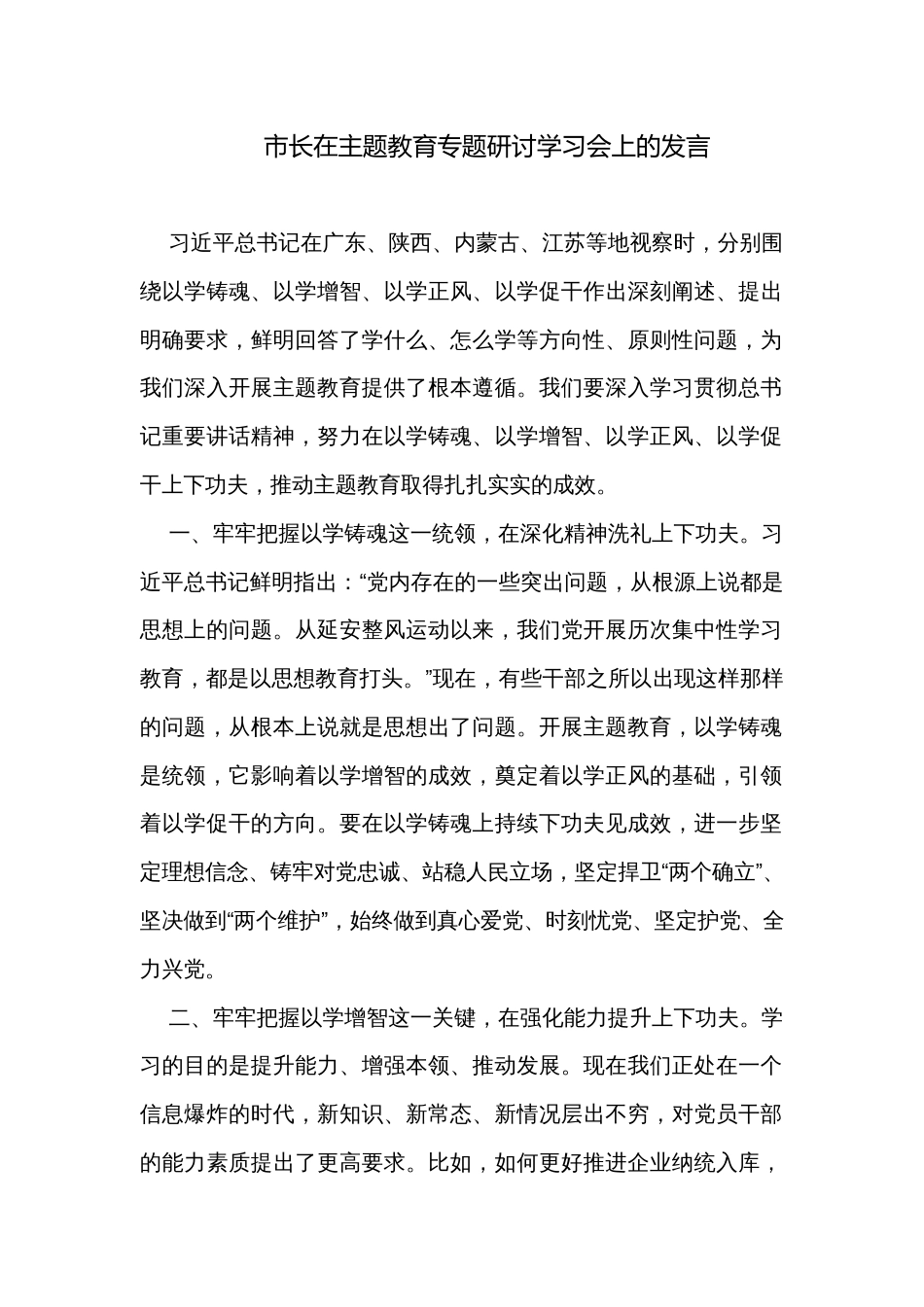 市长在主题教育专题研讨学习会上的发言_第1页