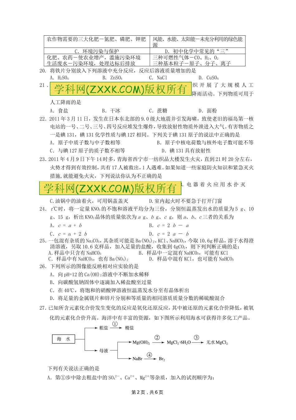 九年级化学中考模拟试卷附答案[5页]_第2页