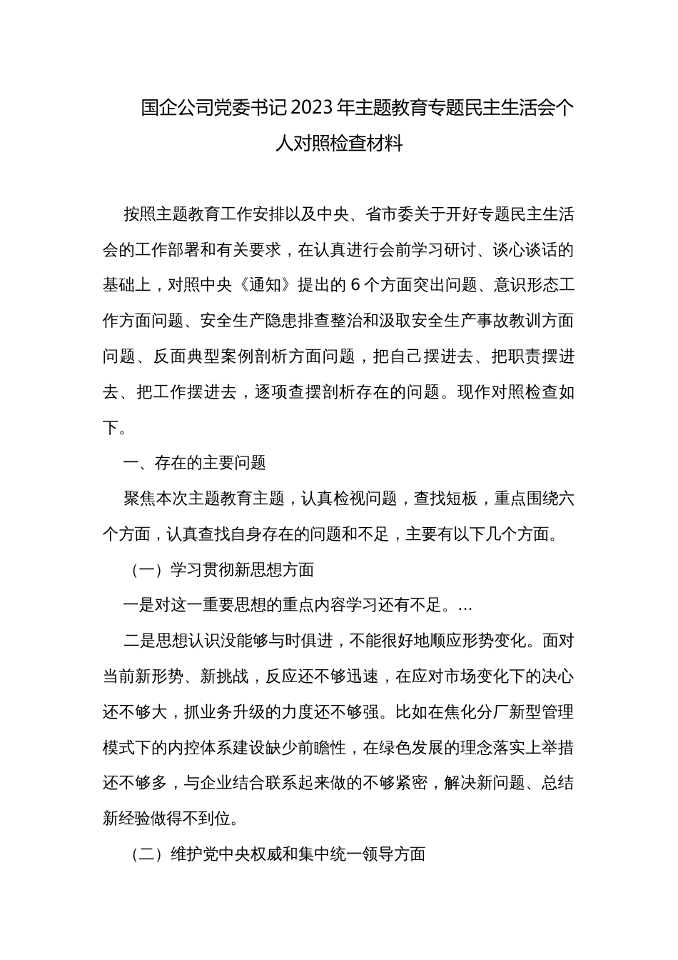 国企公司党委书记2023年主题教育专题民主生活会个人对照检查材料_第1页