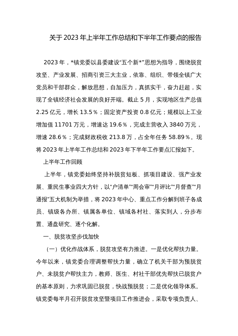 关于2023年上半年工作总结和下半年工作要点的报告_第1页
