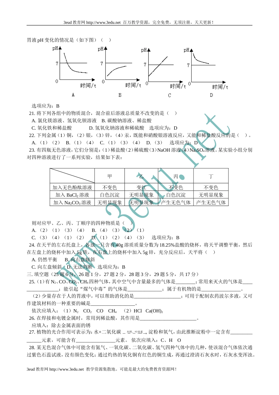2010届中考化学模拟考试试题6_第3页