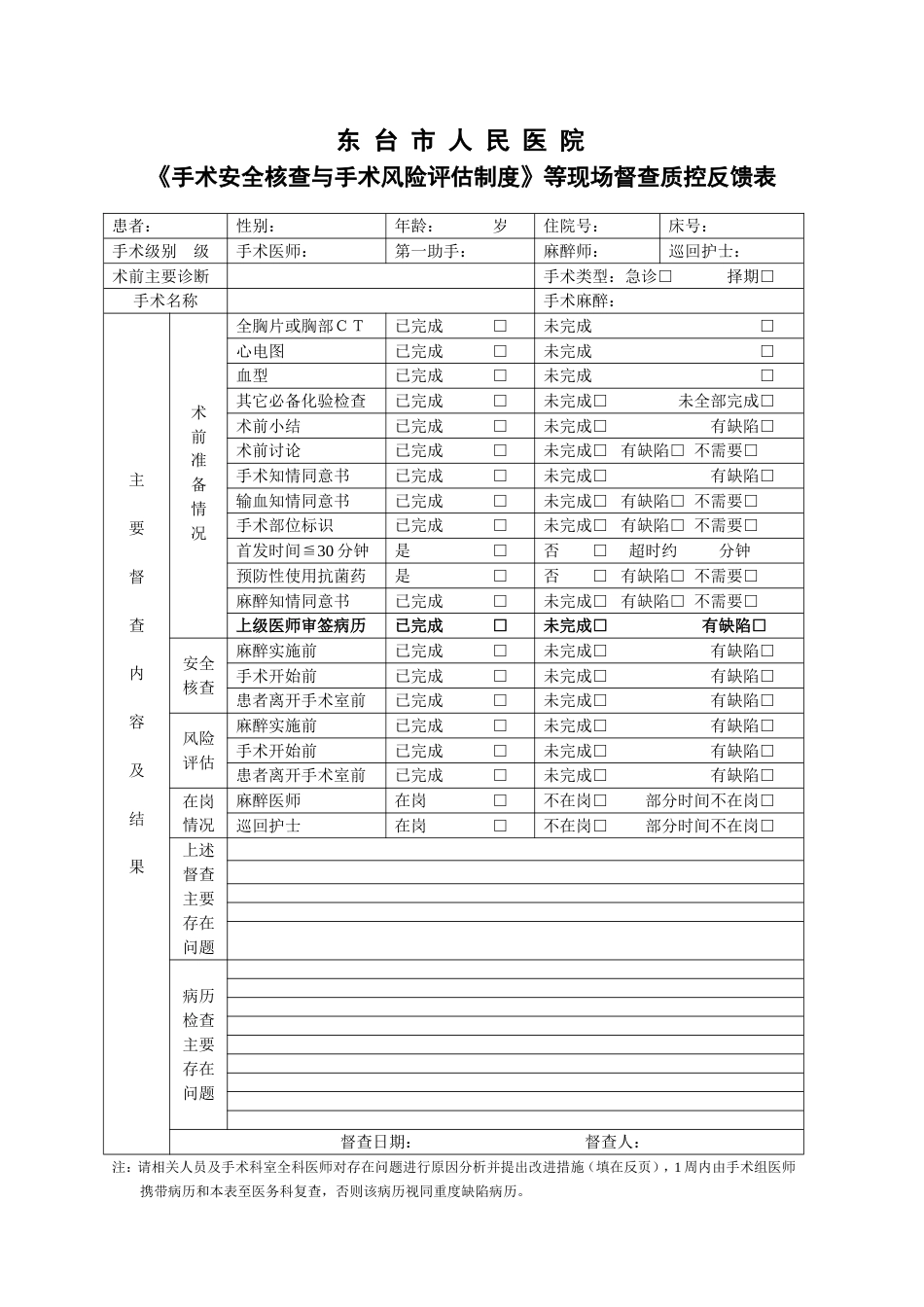 《手术安全核查与手术风险评估制度》等现场督查质控反馈表_第1页