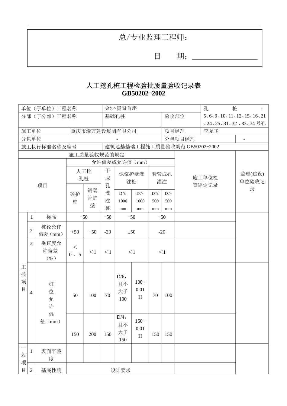 人工挖孔桩工程检验批质量验收记录表[6页]_第2页