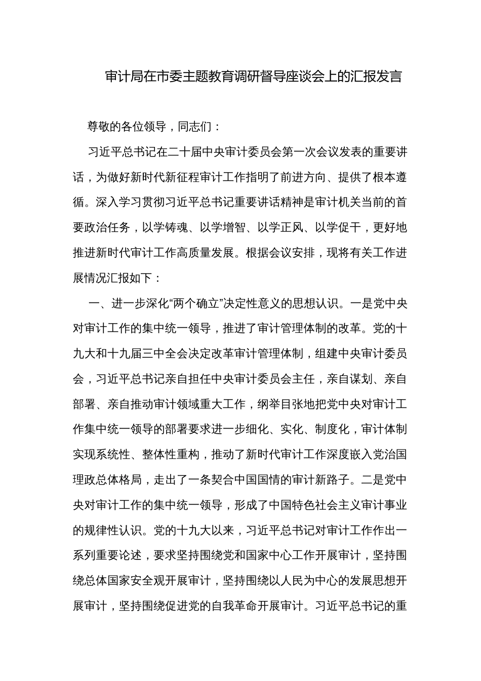 审计局在市委主题教育调研督导座谈会上的汇报发言_第1页