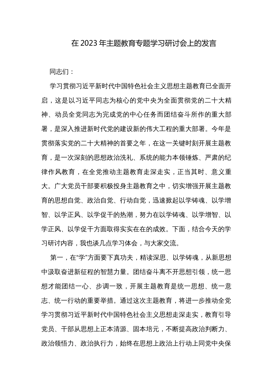 在2023年主题教育专题学习研讨会上的发言_第1页