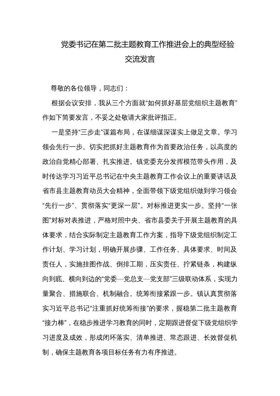 党委书记在第二批主题教育工作推进会上的典型经验交流发言_第1页