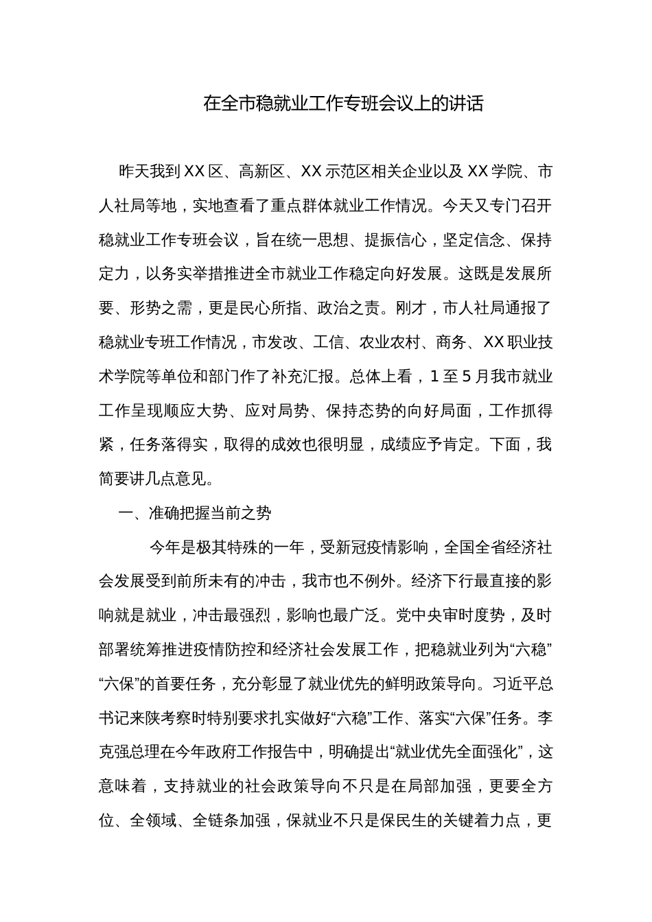 在全市稳就业工作专班会议上的讲话_第1页