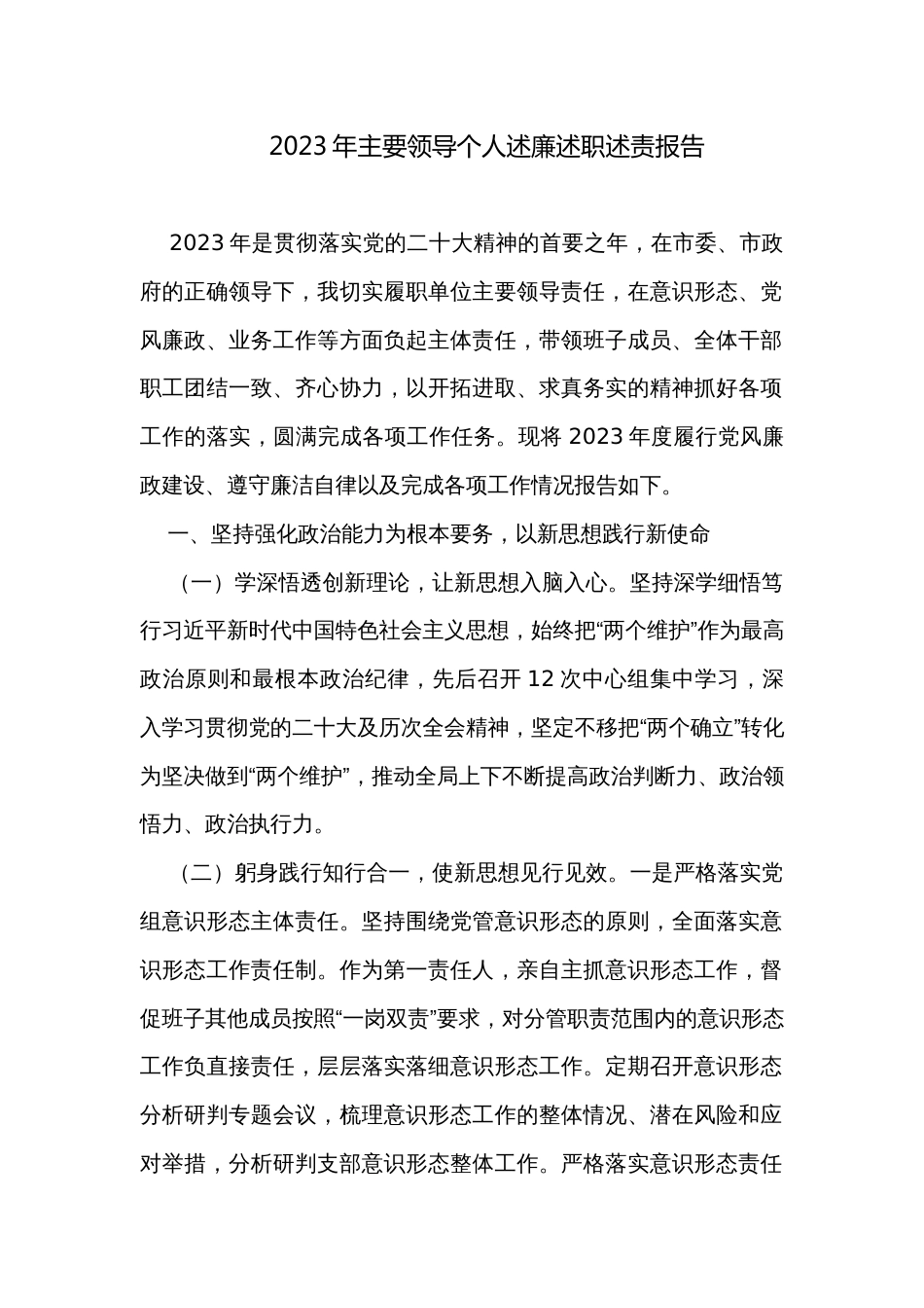 2023年主要领导个人述廉述职述责报告_第1页