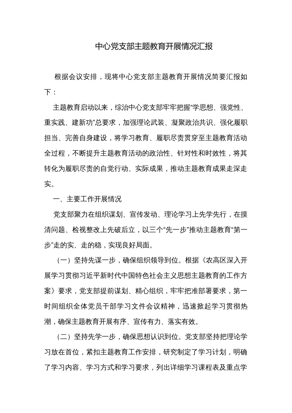 中心党支部主题教育开展情况汇报_第1页