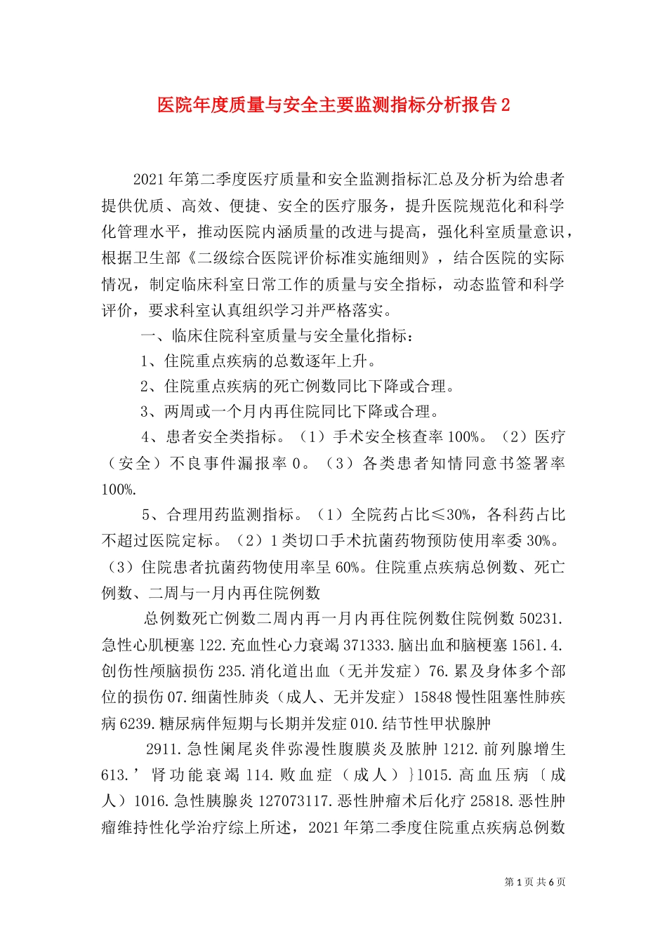 医院年度质量与安全主要监测指标分析报告5_第1页