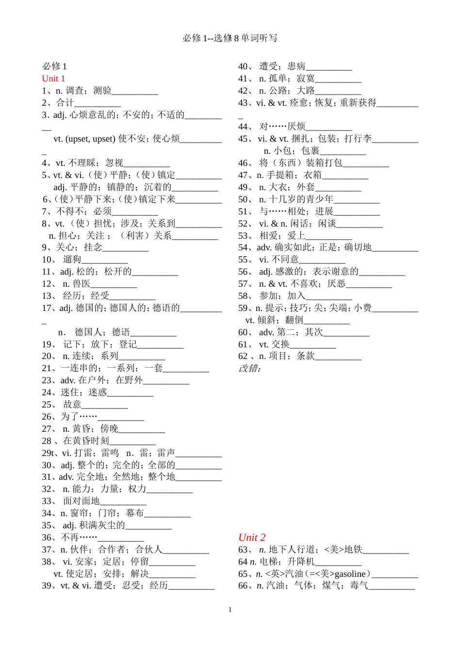 新课标人教版高中英语必修1选修8单词默写汉语_第1页