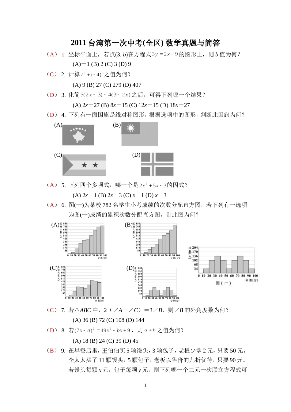 2011台湾全区第一次中考数学试题[6页]_第1页