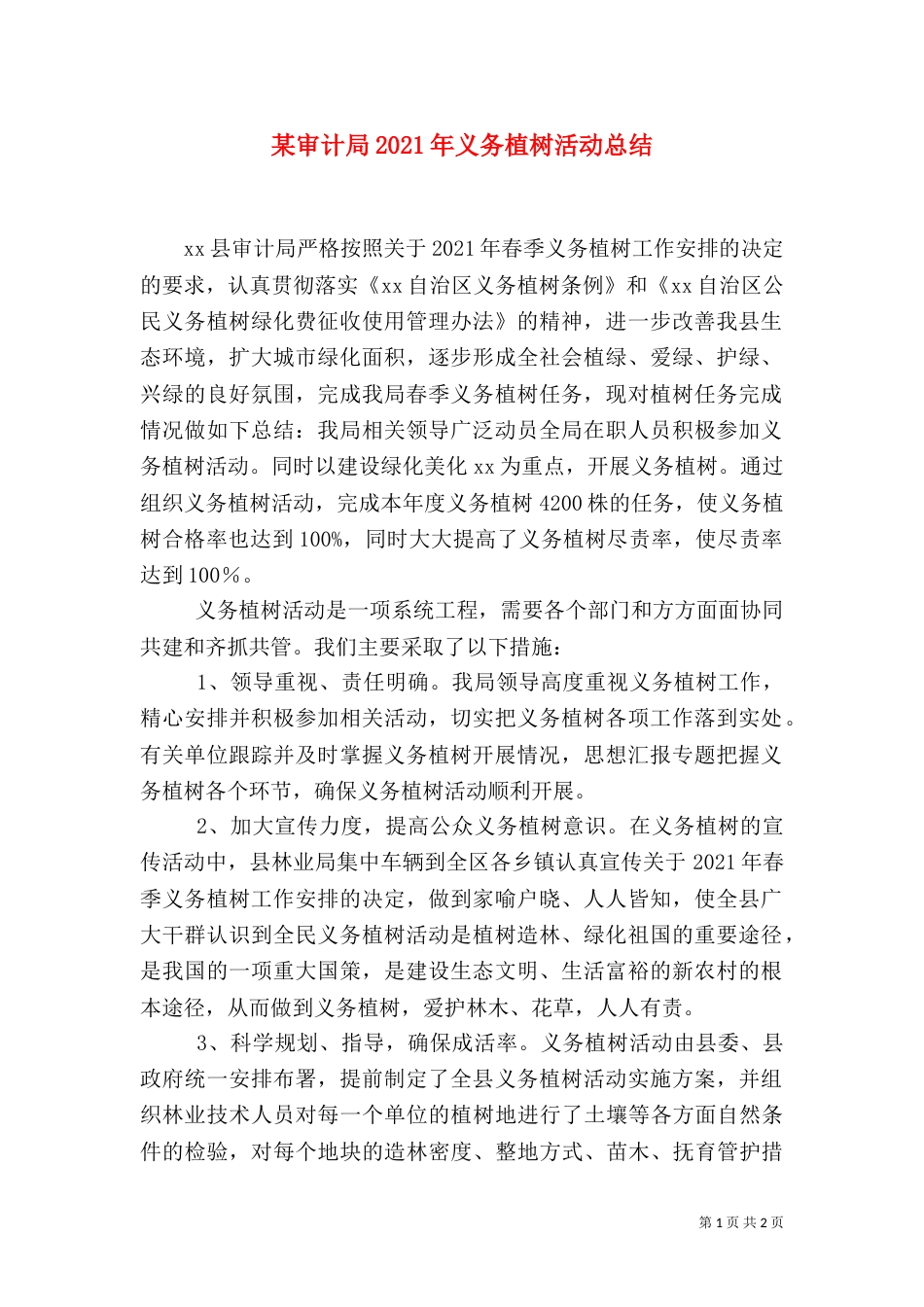某审计局2021年义务植树活动总结_第1页