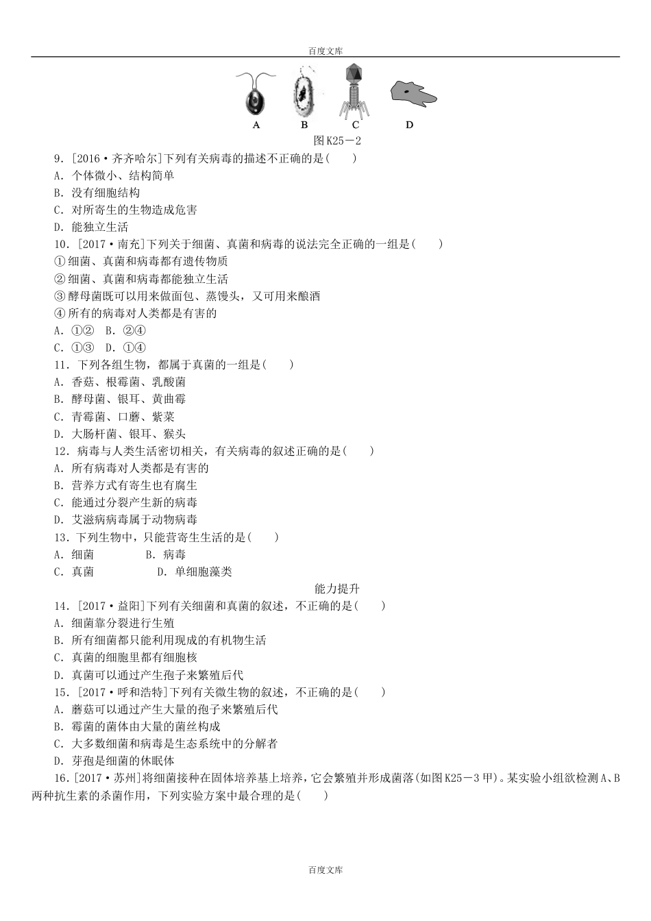 中考生物复习25细菌、真菌和病毒作业手册含答案_第2页