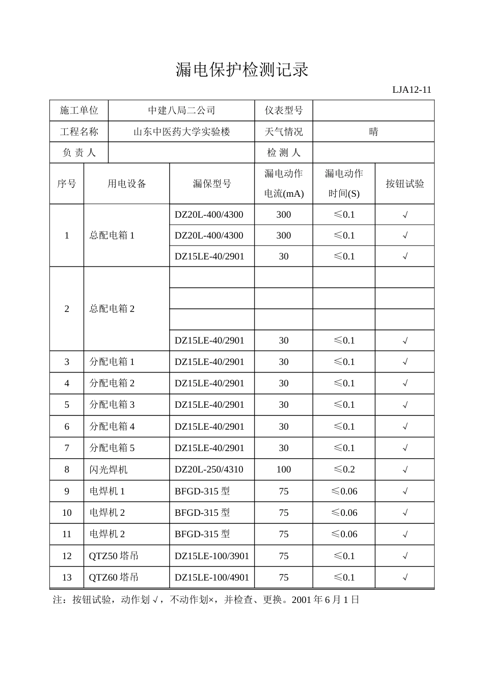 11a漏电保护器检测记录_第1页