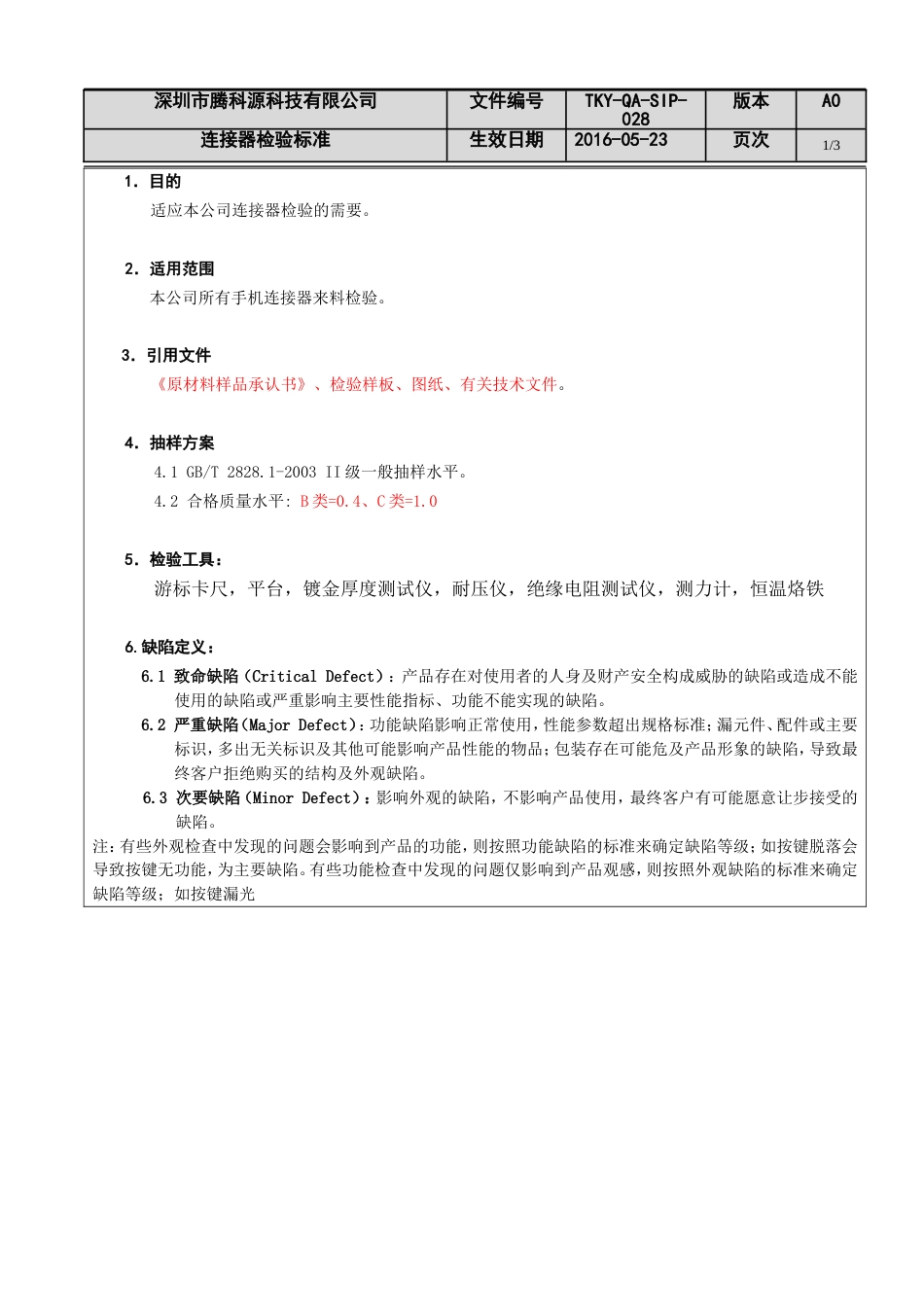 连接器检验标准TKYQASIP028_第1页
