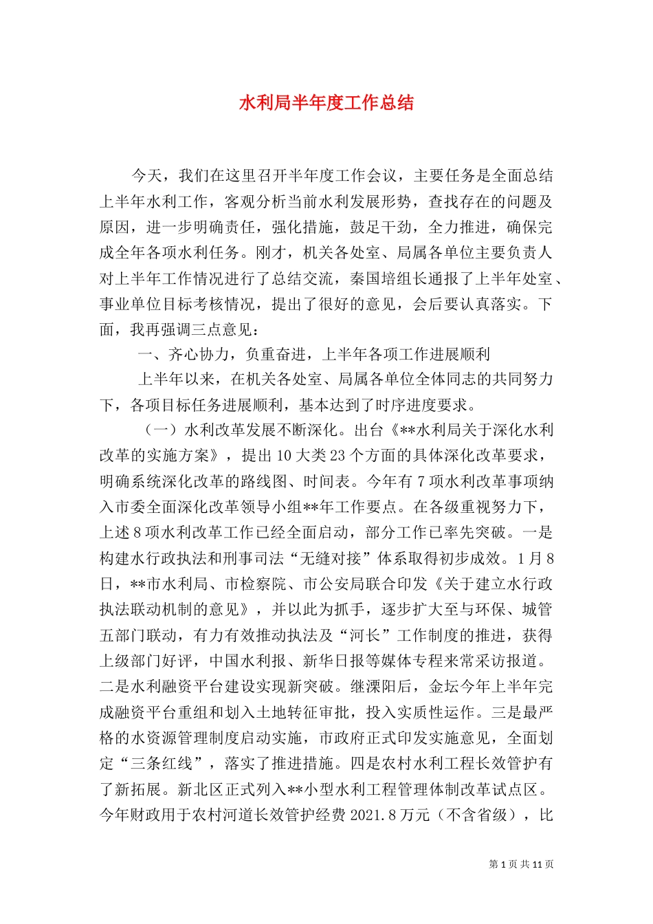 水利局半年度工作总结_第1页