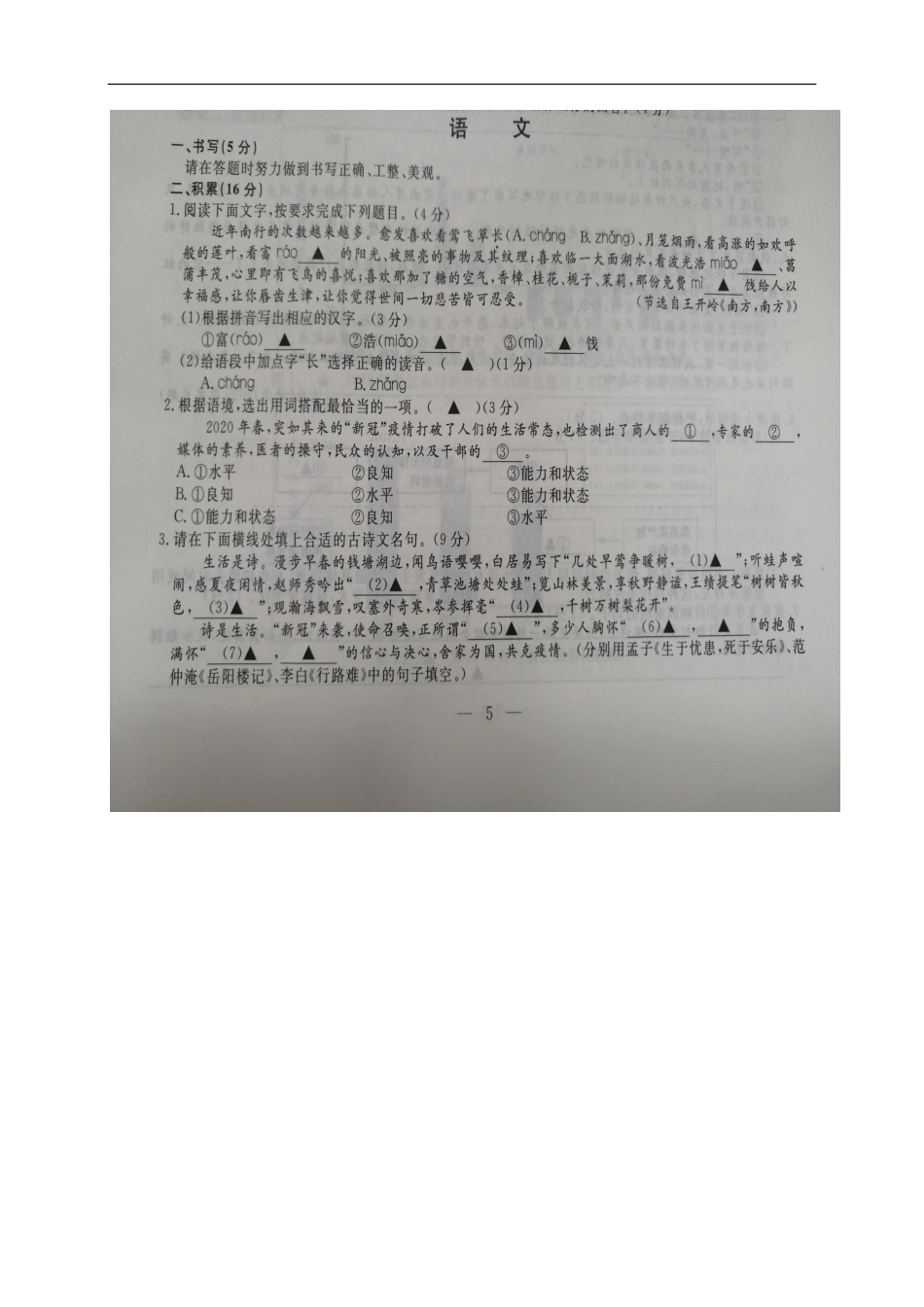 浙江省绍兴市2020年初中学业水平考试语文试题（图片版）_第1页