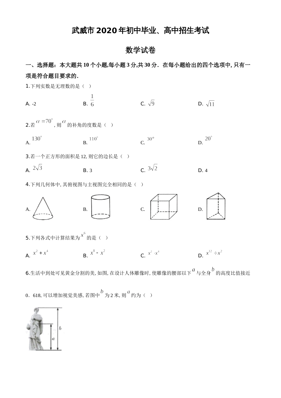 精品解析：甘肃省武威市2020年中考数学试题（原卷版）_第1页