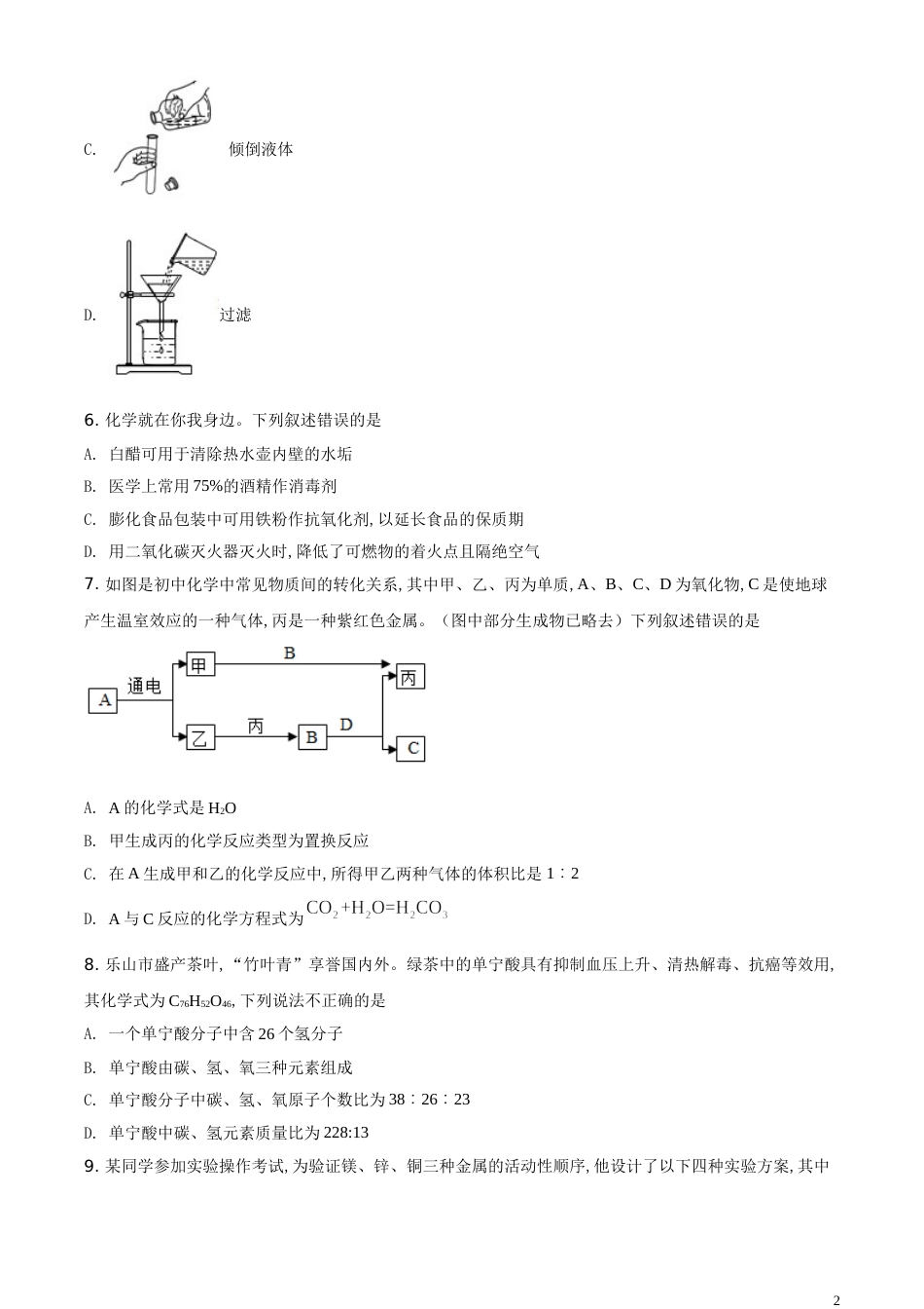 精品解析：四川省乐山市2020年中考化学试题（原卷版）_第2页