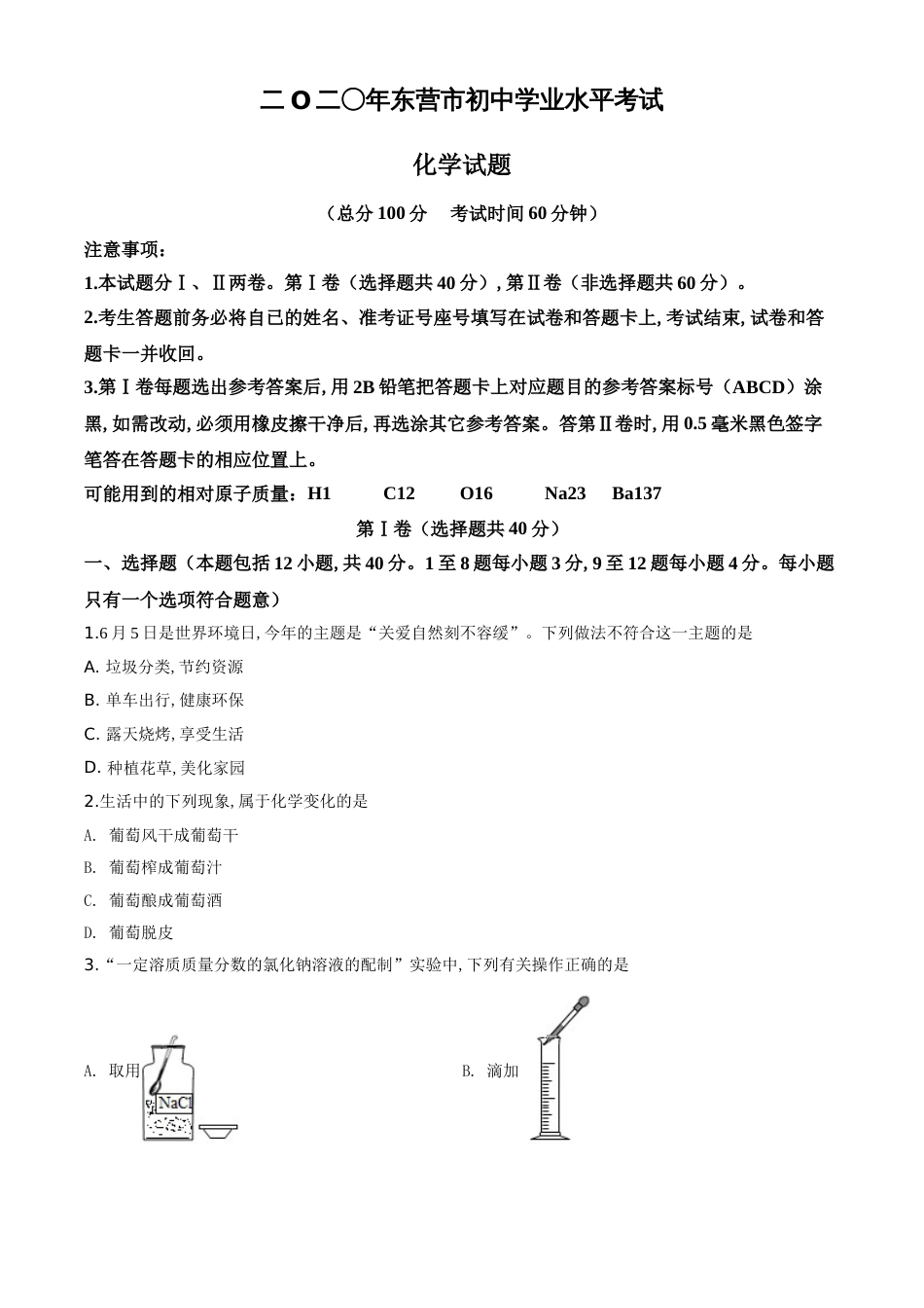 精品解析：山东省东营市2020年中考化学试题（原卷版）_第1页