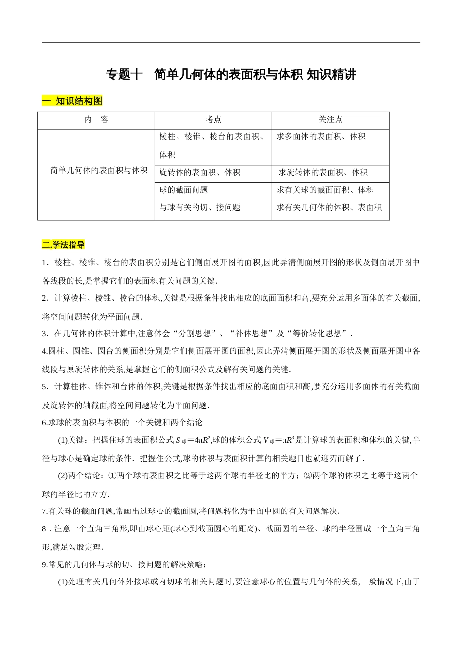 专题10 简单几何体的表面积与体积（知识精讲）（解析版）_第1页