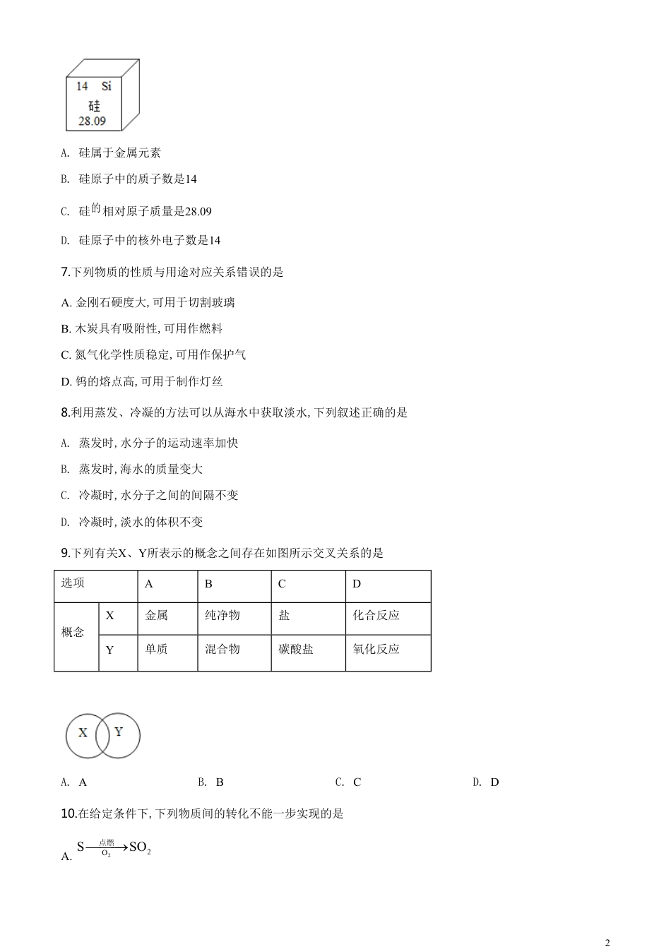 精品解析：江苏省无锡市2020年中考化学试题（原卷版）_第2页