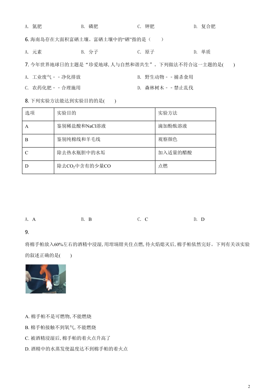 精品解析：海南省2020年中考化学试题（原卷版）_第2页