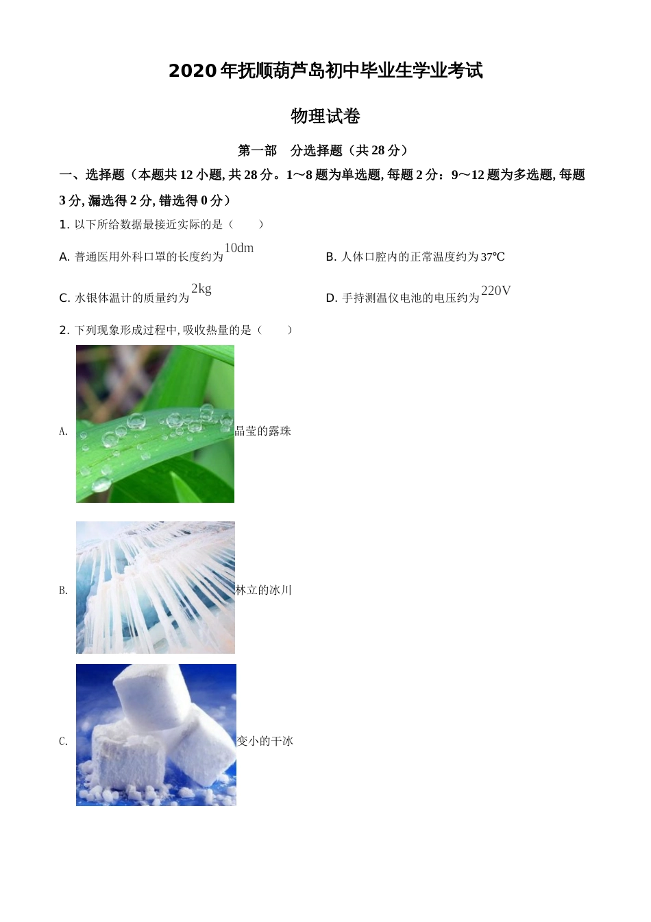 精品解析：2020年辽宁省抚顺、葫芦岛市中考物理试题（原卷版）_第1页