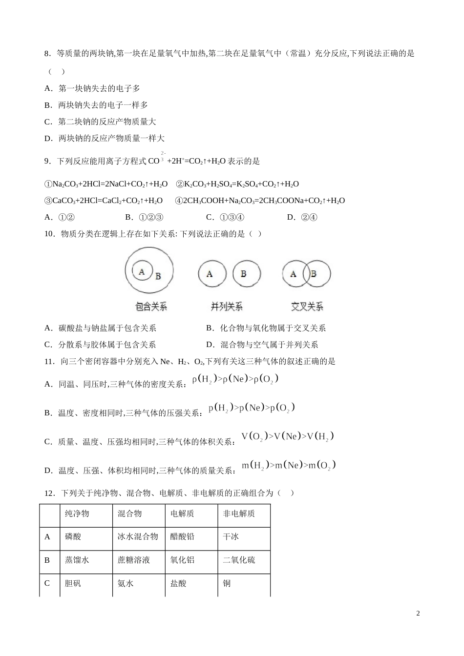 2020-2021学年高一化学上学期期中测试卷03（鲁科2019必修第一册）（原卷版） _第2页